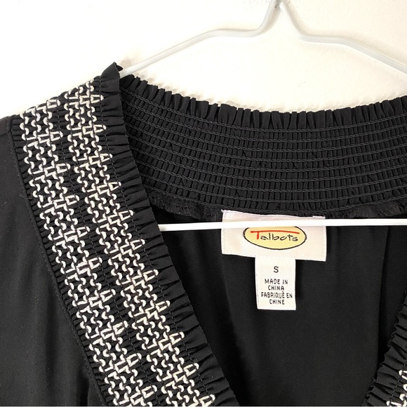 Talbots Black V-Neck White Embroidered Short Sleeve Midi Dress - Picture 4 of 8